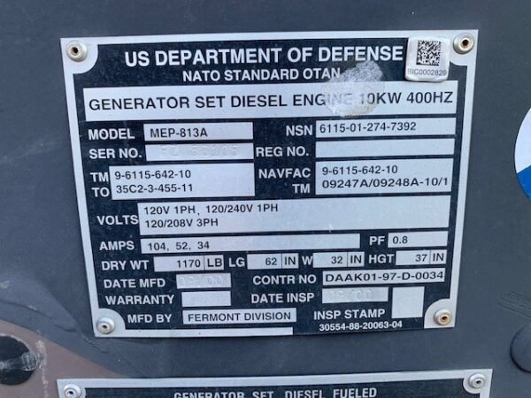 USMC 10KW Diesel Aircraft Generator (MEP-813A) - 400hz - Image 3